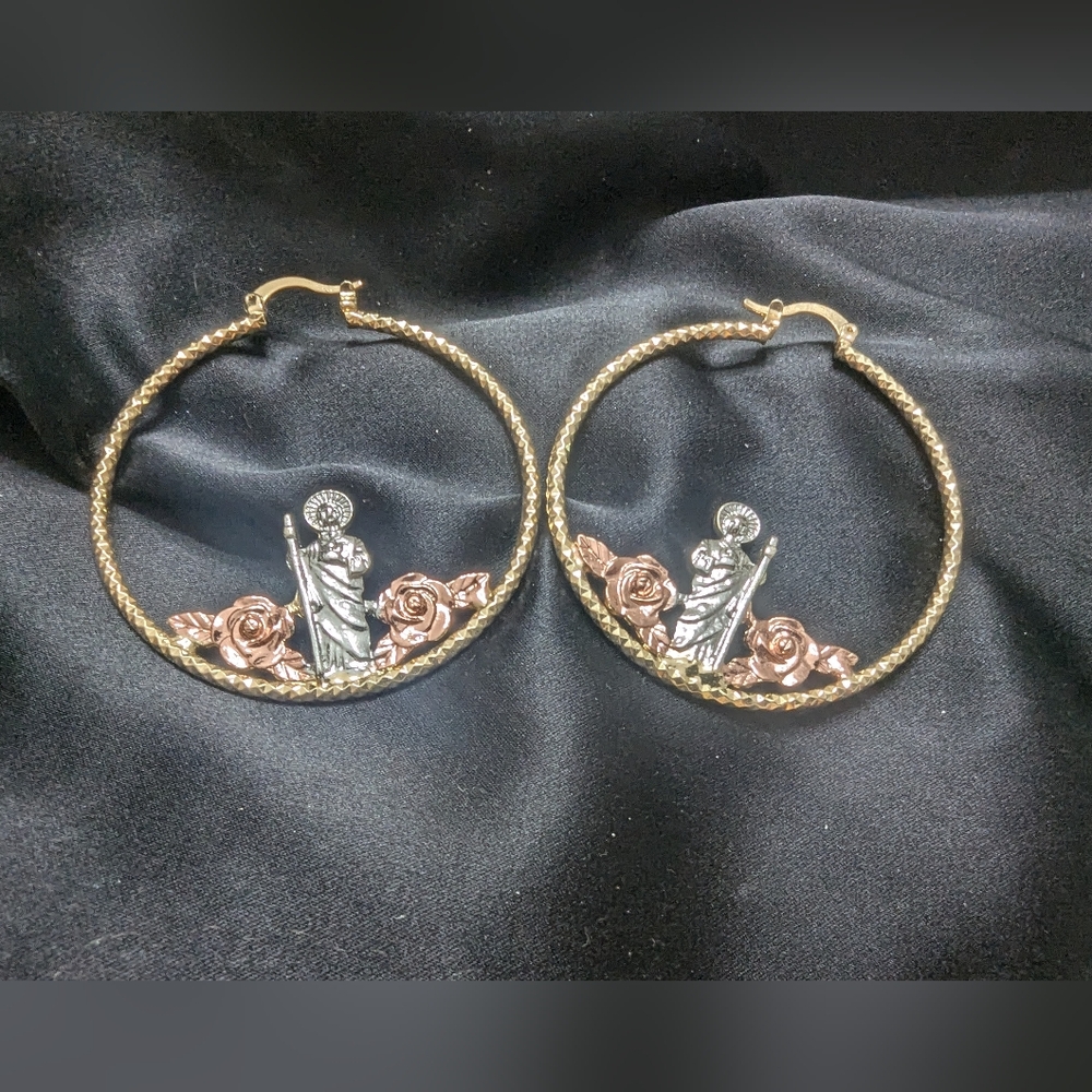 Tri color 18 karat gold plated St. Jude earrings